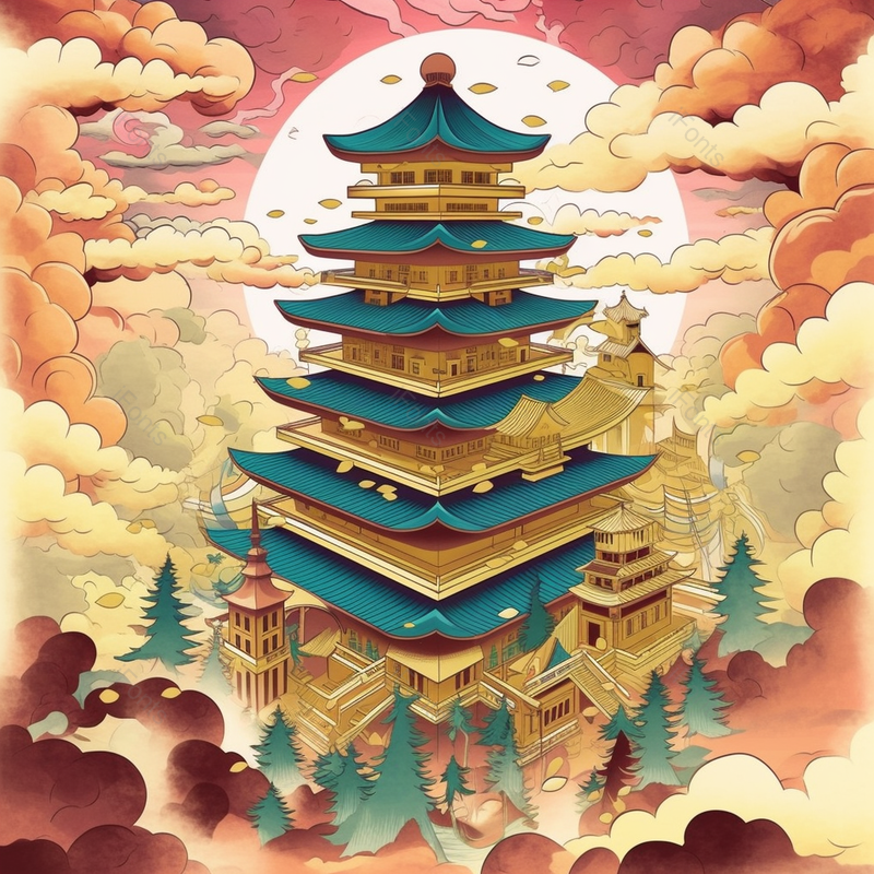 中国风黄鹤楼祥云插画背景图,插画/手绘图,插画/手绘图库,插画/手绘图下载,插画/手绘